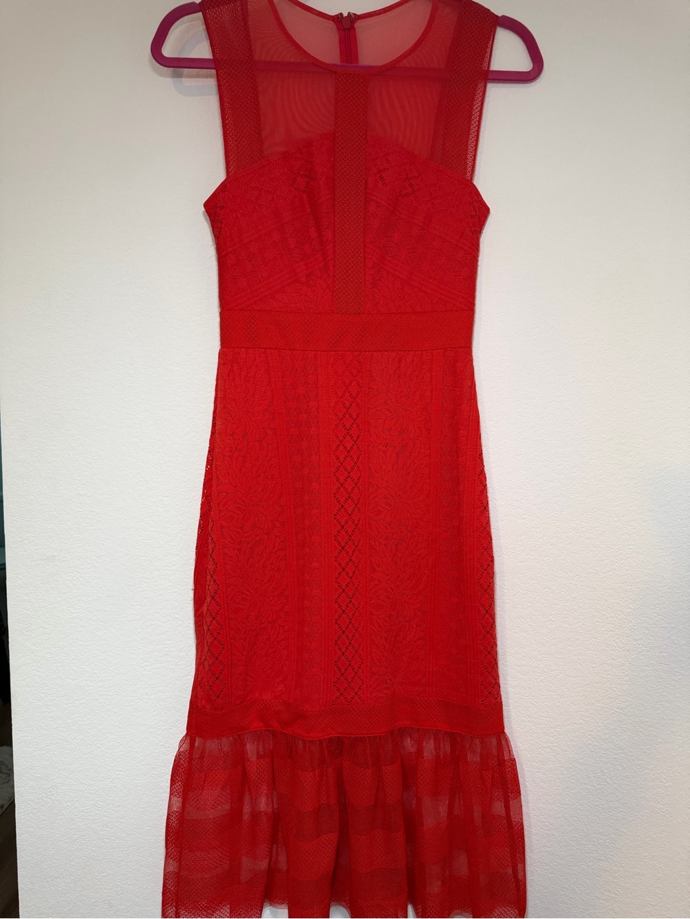 BCBG Red Lace Midi Dress with Sheer Mesh Hem XXS